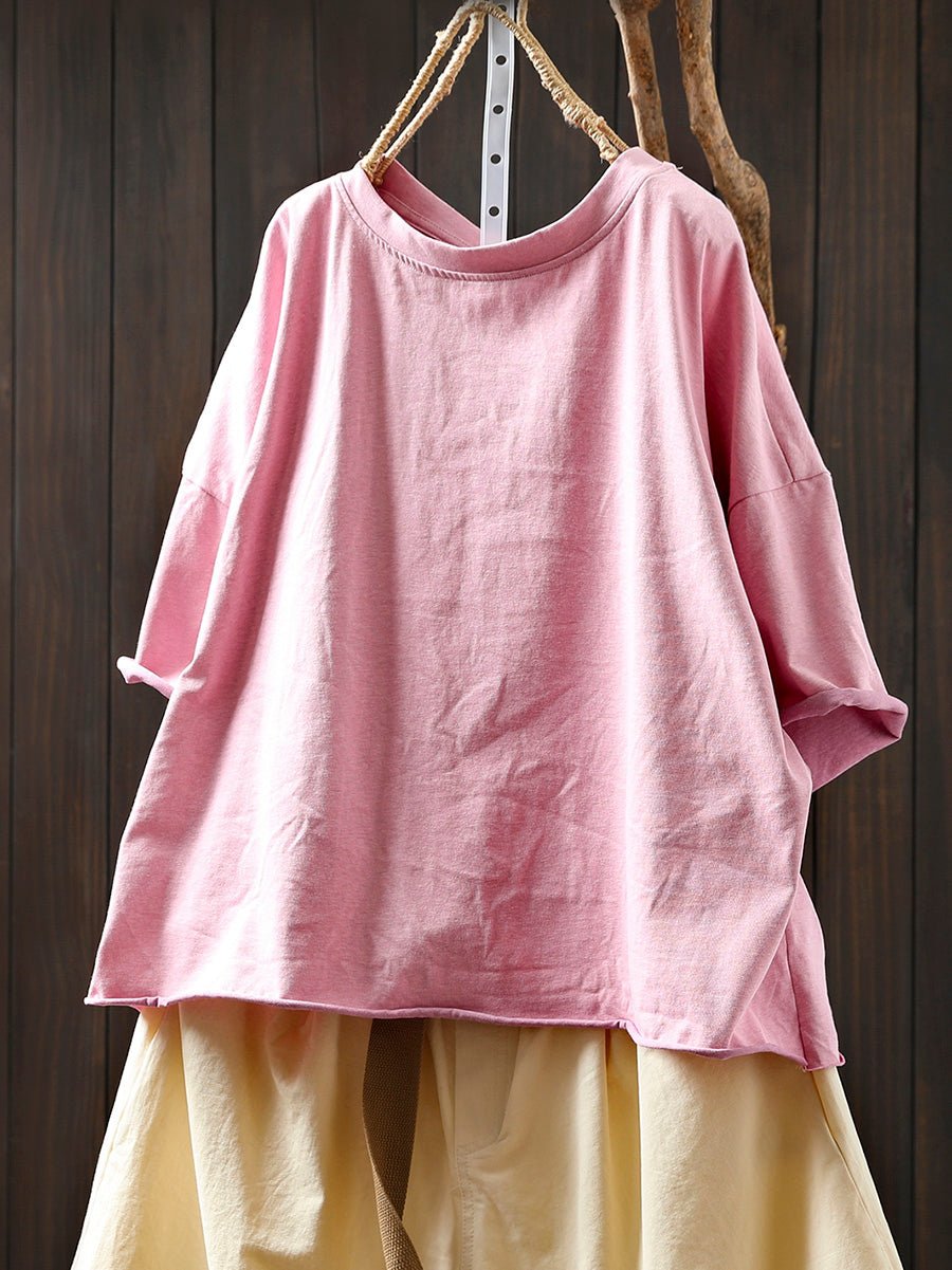 Women Summer Artsy Colorblock Cotton O-Neck Shirt