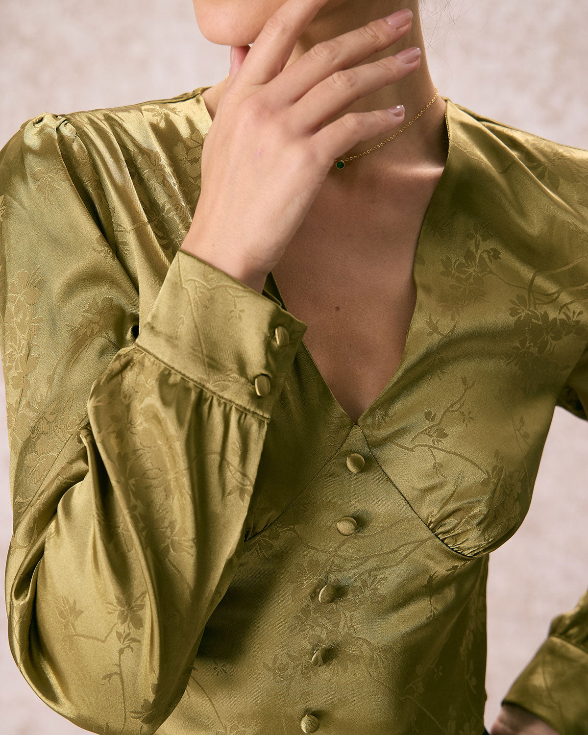 The Green V Neck Jacquard Satin Blouse