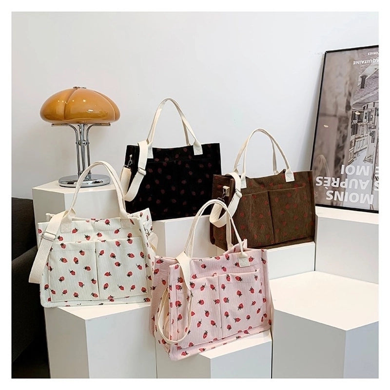 Women's Large Corduroy Solid Color Strawberry Basic Classic Style Square Zipper Tote Bag