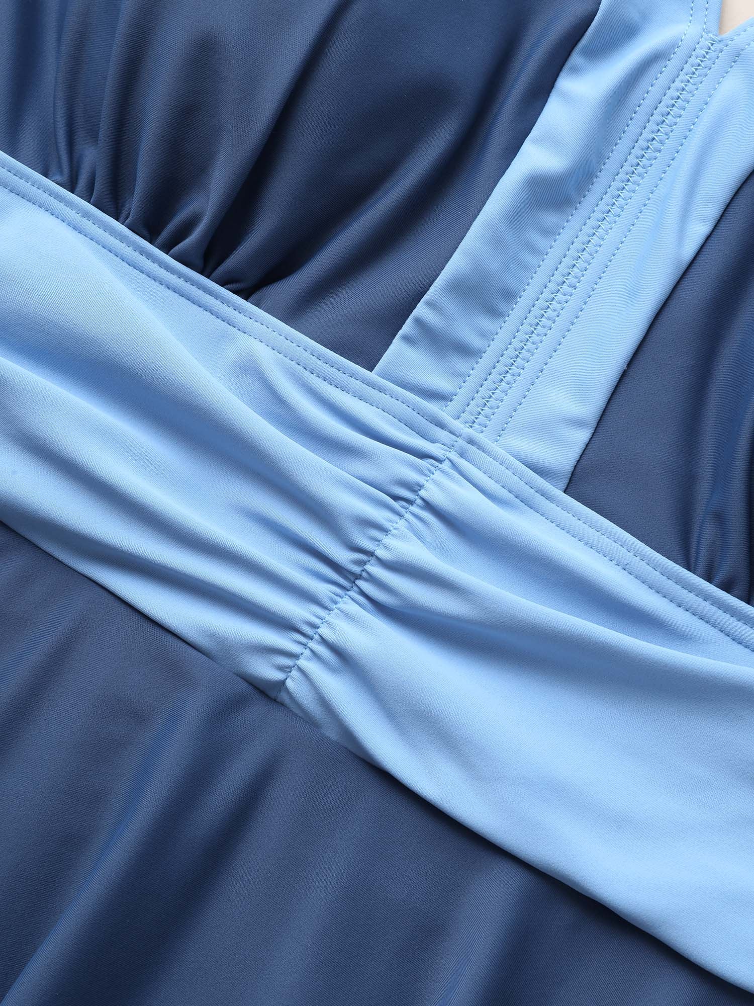 Two Tone Patchwork Gathered Swim Dress