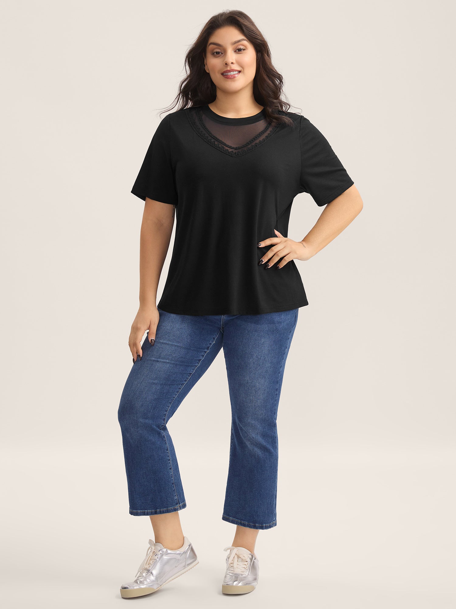 Sheer Neck Solid Panel T-Shirt