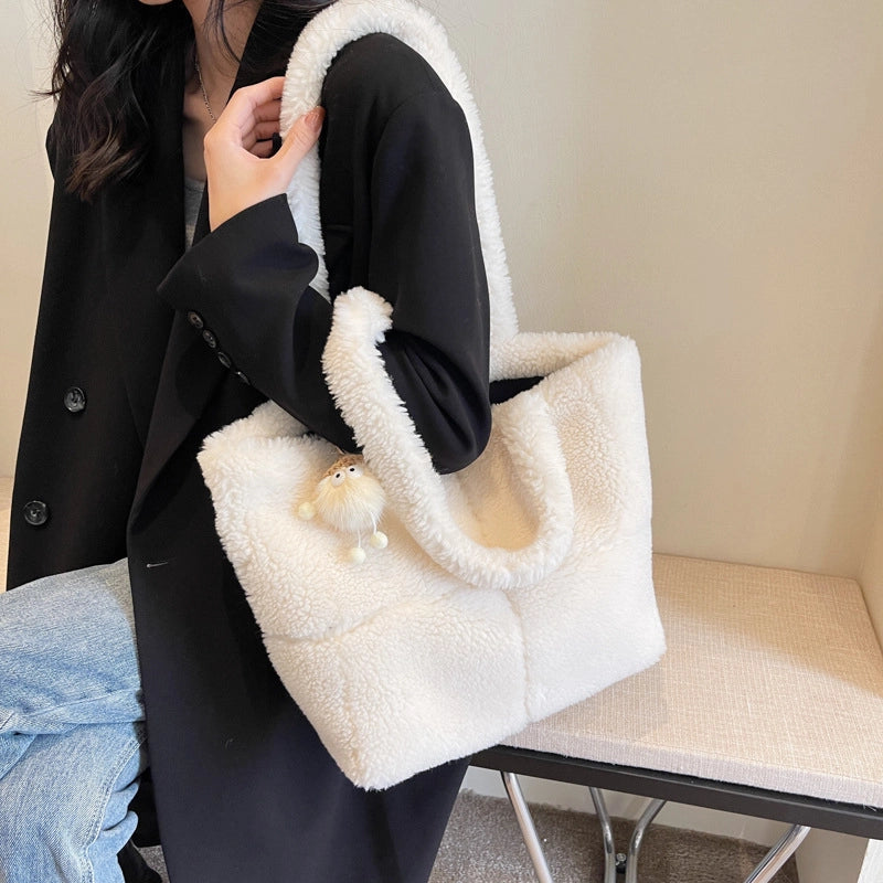 Women's Large Plush Solid Color Streetwear Bucket Magnetic Buckle Tote Bag