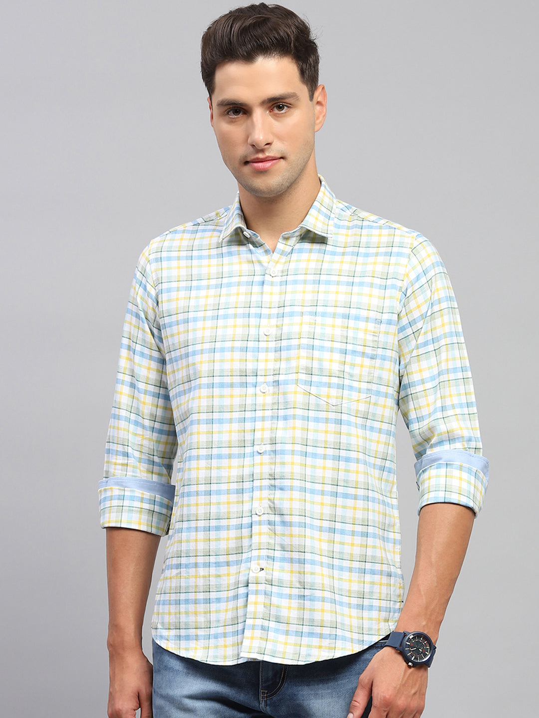 Men Yellow & Blue Check Spread Collar Full Sleeve Shirt