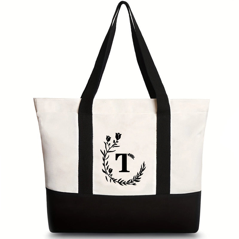 Women's Medium Canvas Letter Flower Classic Style Square Zipper Shoulder Bag