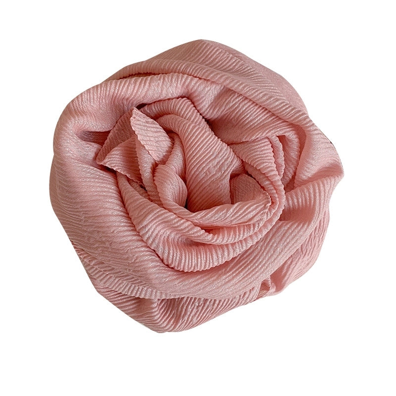 Heavy Bright Silk New Pleated Texture Scarf Women's Autumn And Winter All-Matching Long Solid Color Shawl Dual-Use