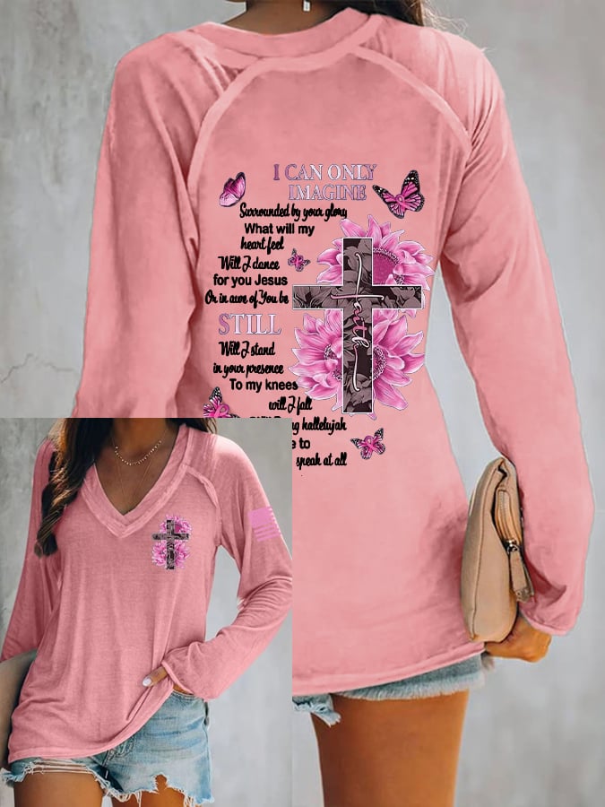 Womens Sunflower Jesus Cross Butterfly I Can Imagine Breast Cancer Awareness Print Casual Long Sleeve T-Shirt