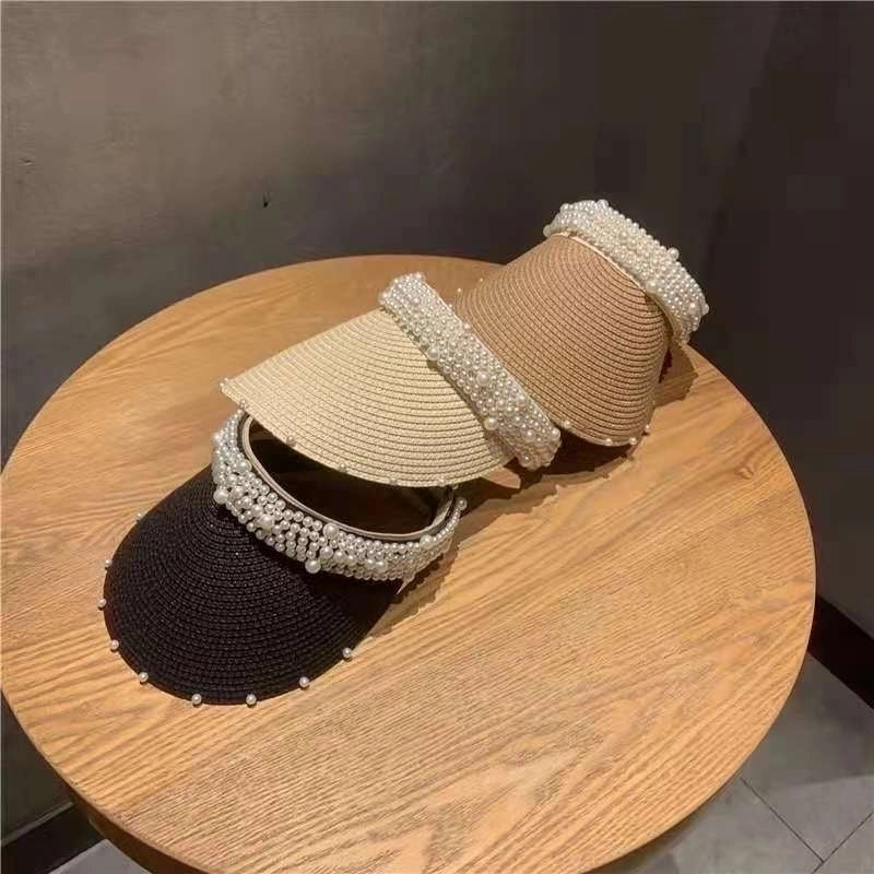 Women's Vacation Solid Color Pearl Wide Eaves Sun Hat