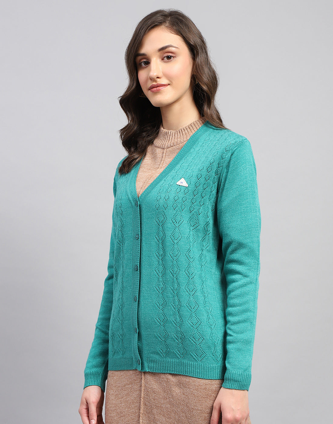 Women Teal Blue Self Design V Neck Full Sleeve Cardigan