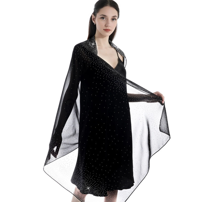 Hot New Pure Color Chiffon Starry Sky Hot Rhinestone Exquisite Elegant Dinner Style Extended Version High-end Women's Shawl