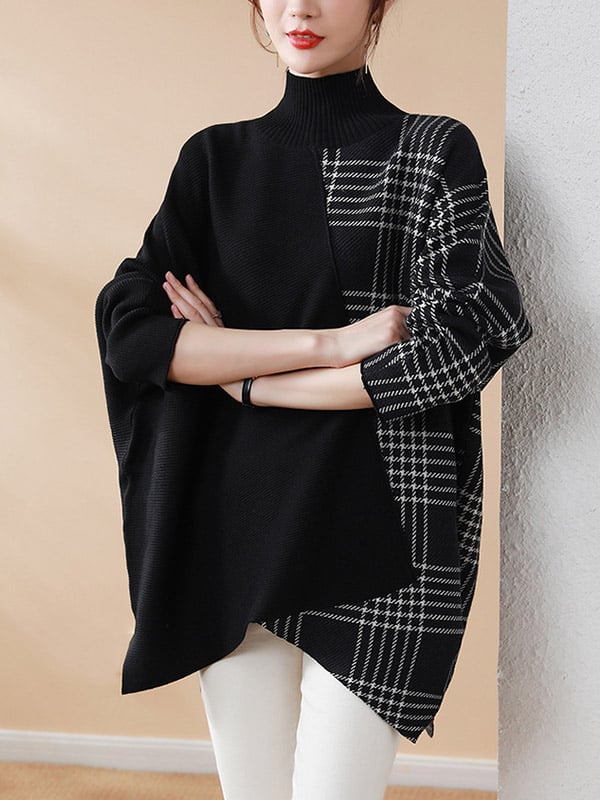 Casual Loose 3 Colors Split-Joint Plaid High-Neck Batwing Long Sleeves Sweater Top
