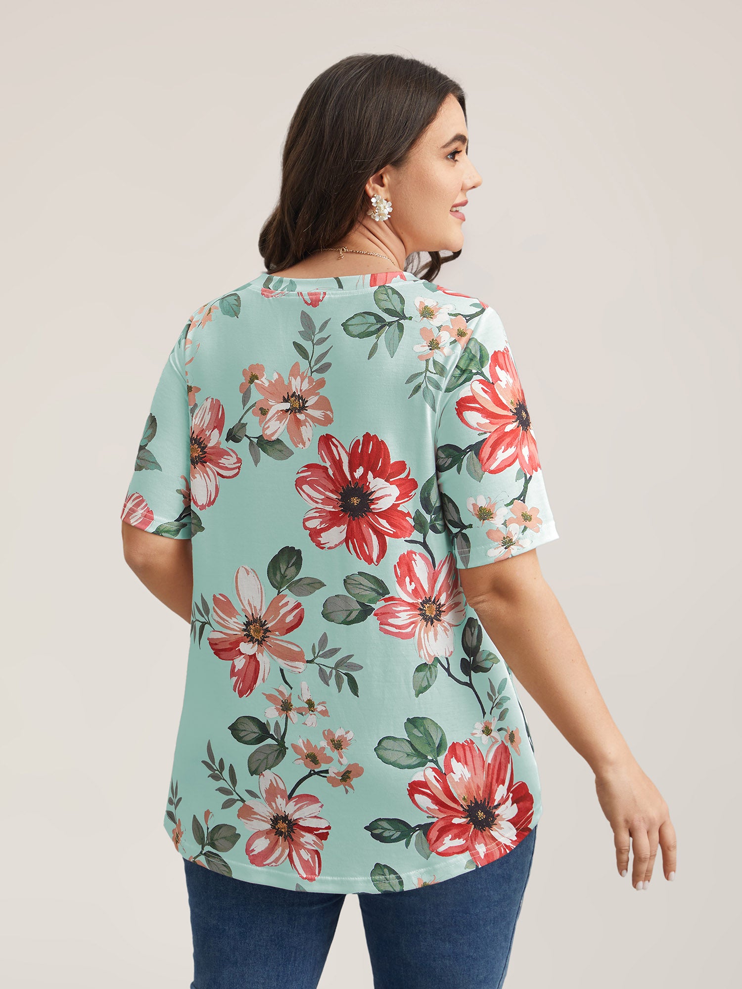 Multi-Color Floral Print V-Neck T-Shirt