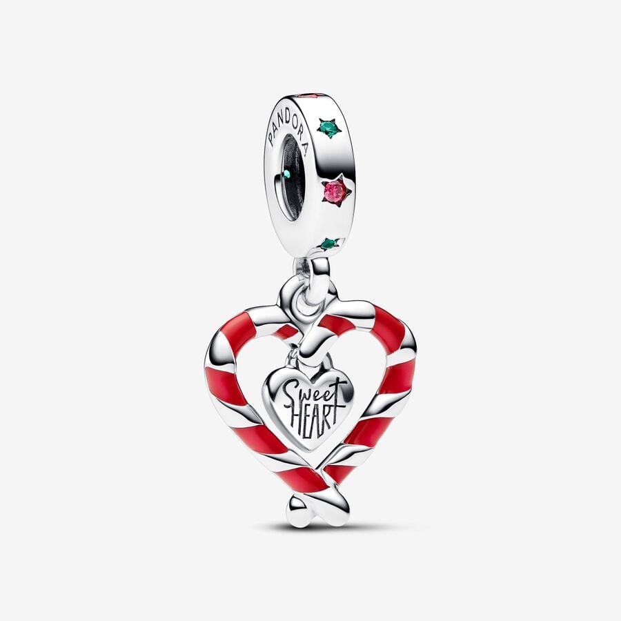 Double Candy Cane Heart Christmas Dangle Pandora Charm