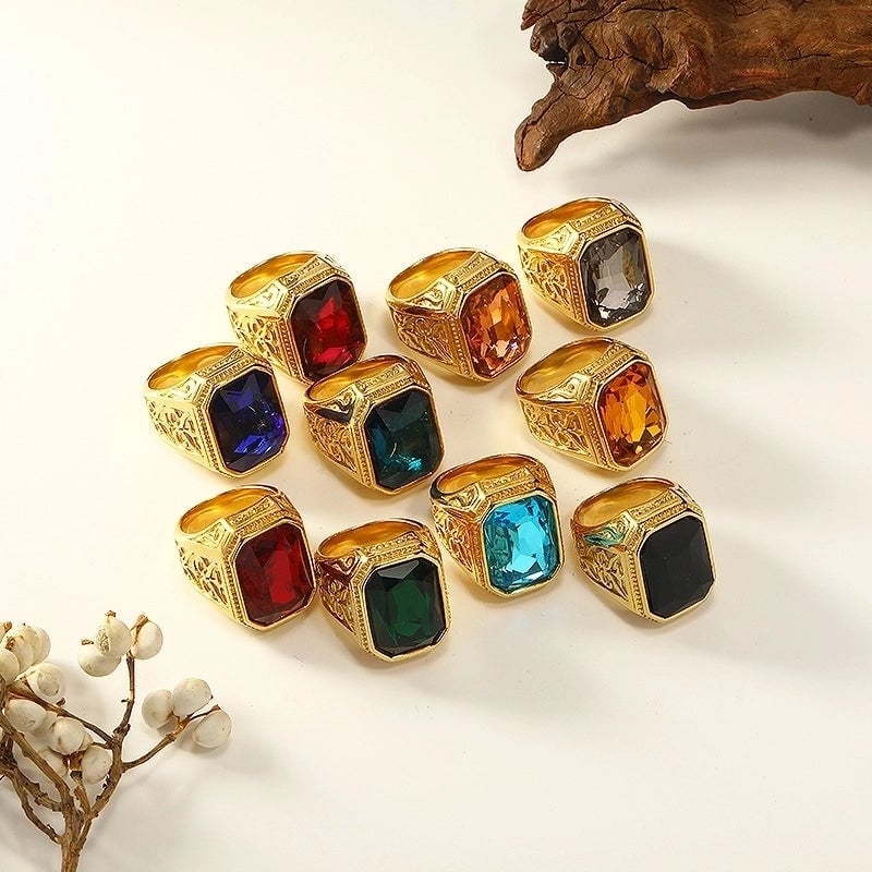 Retro Square Titanium Steel Plating Inlay Artificial Gemstones Rings