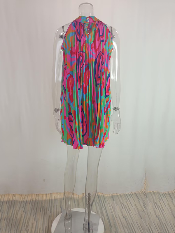 Loose Plus Size Pleated Printed Halter-Neck Mini Dresses Short Dresses