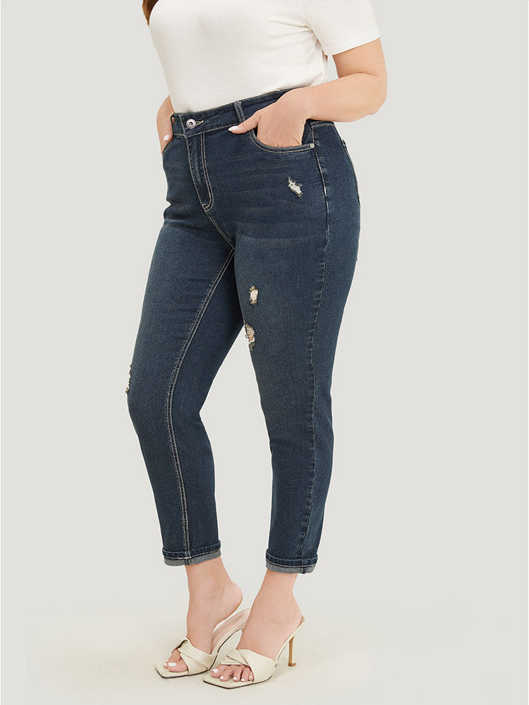 Very Stretchy  High Rise Dark Wash Distressed Stitch Jeans