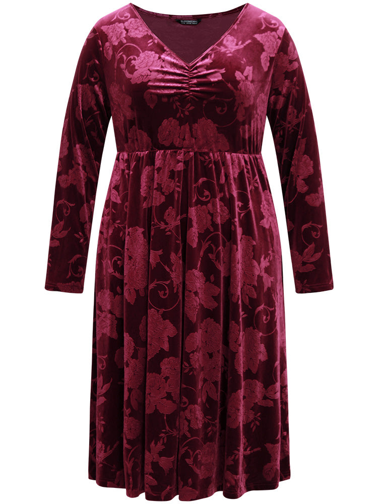 Velvet Jacquard Elastic Waist Ruched Dress