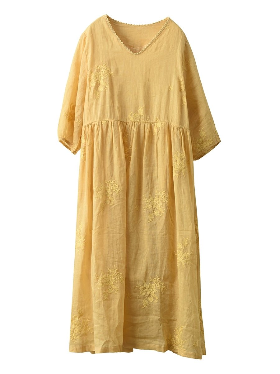 Women Summer Artsy Embroidery O-Neck 100%Ramie Dress