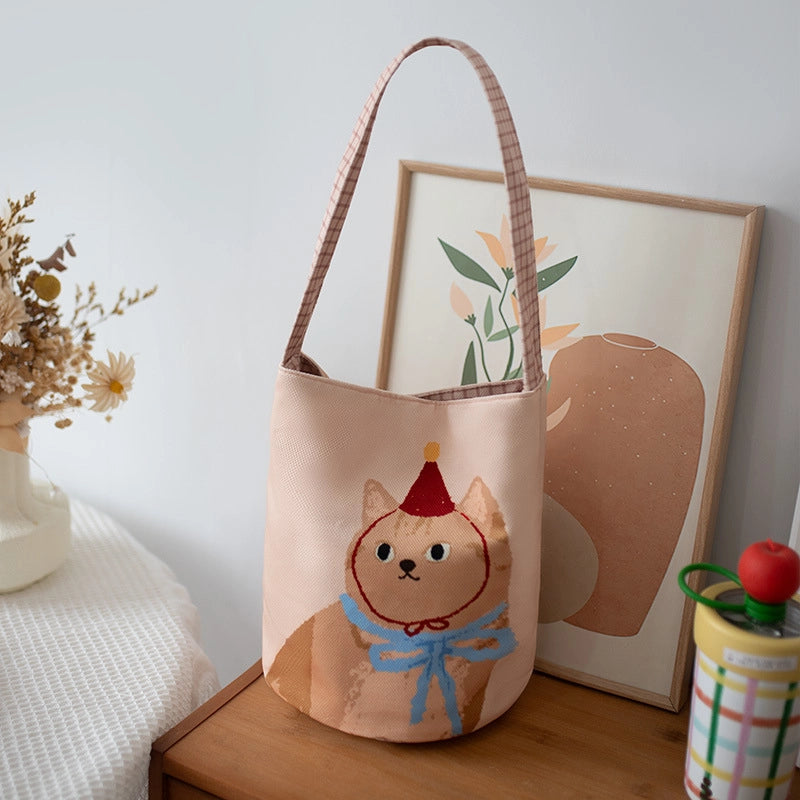 Women's Small Polyester Cat Streetwear Sewing Thread Cylindrical Hidden Buckle Handbag