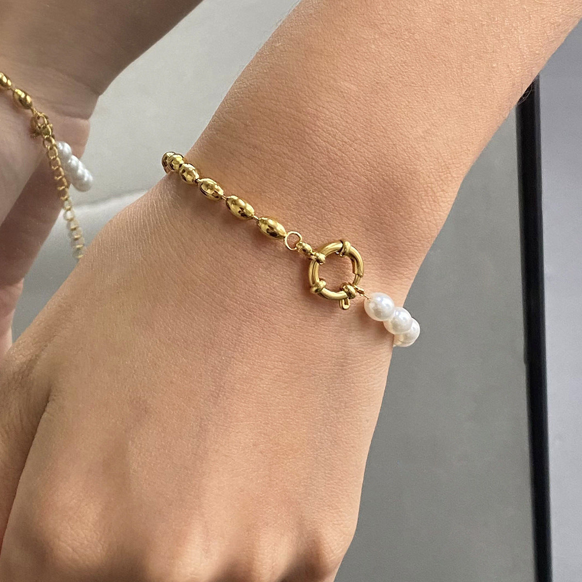 Stainless Steel Pearl Bracelet Niche Style Metal Chain Titanium Steel Bracelet