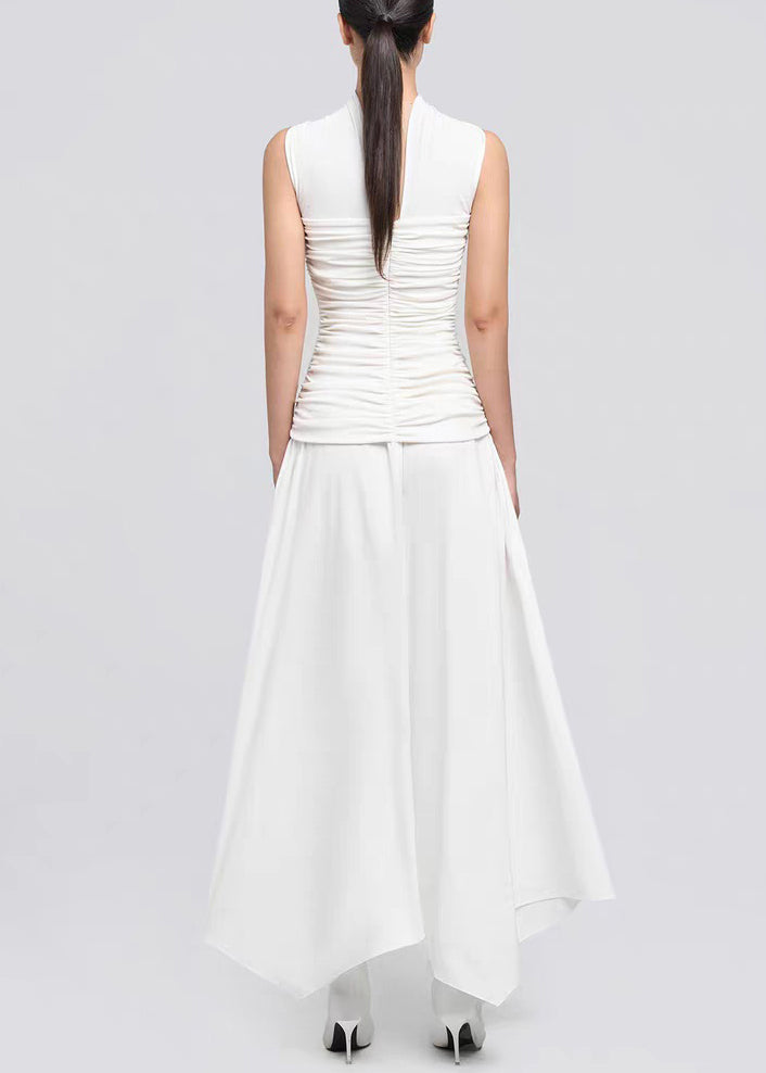 White Wrinkled Cotton Long Dresses Asymmetrical Summer