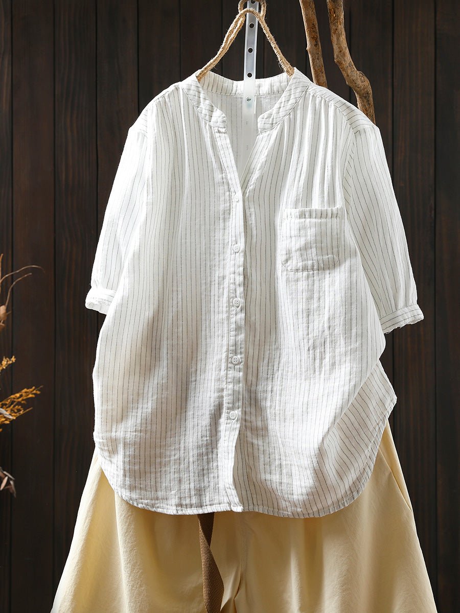 Women Summer Artsy Stripe Plaid 100%Cotton Shirt