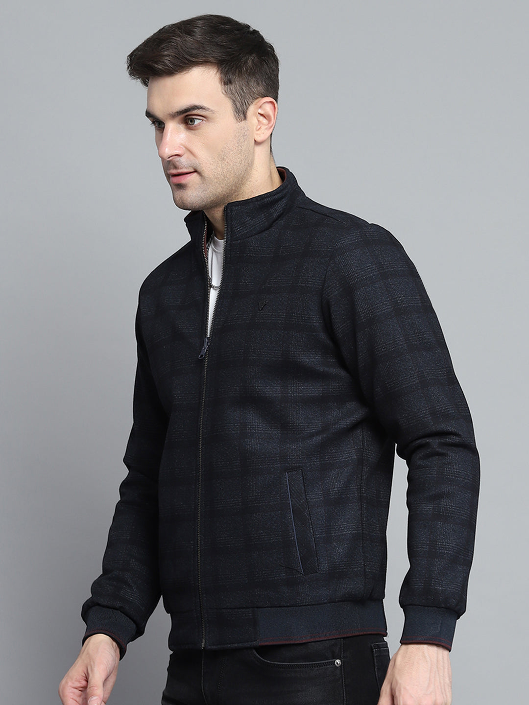 Men Navy Blue Solid Mock Neck Full Sleeve Jacket