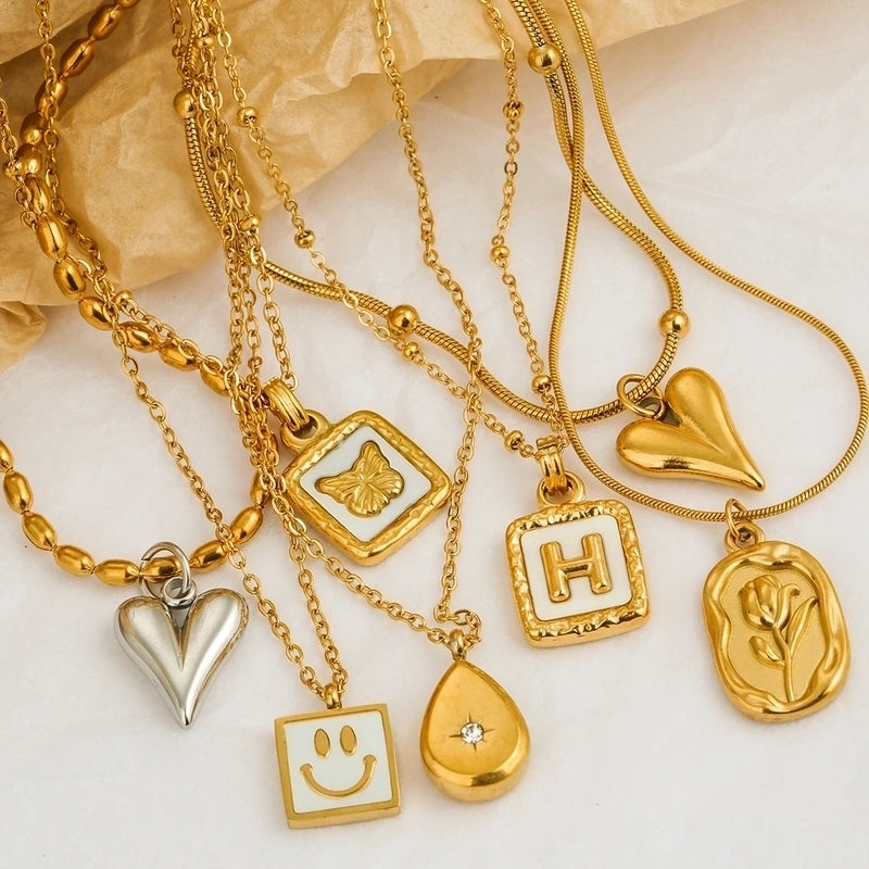 Cute Sweet Classic Style Heart Shape Floral Bow Knot 304 Stainless Steel Pendant Necklace