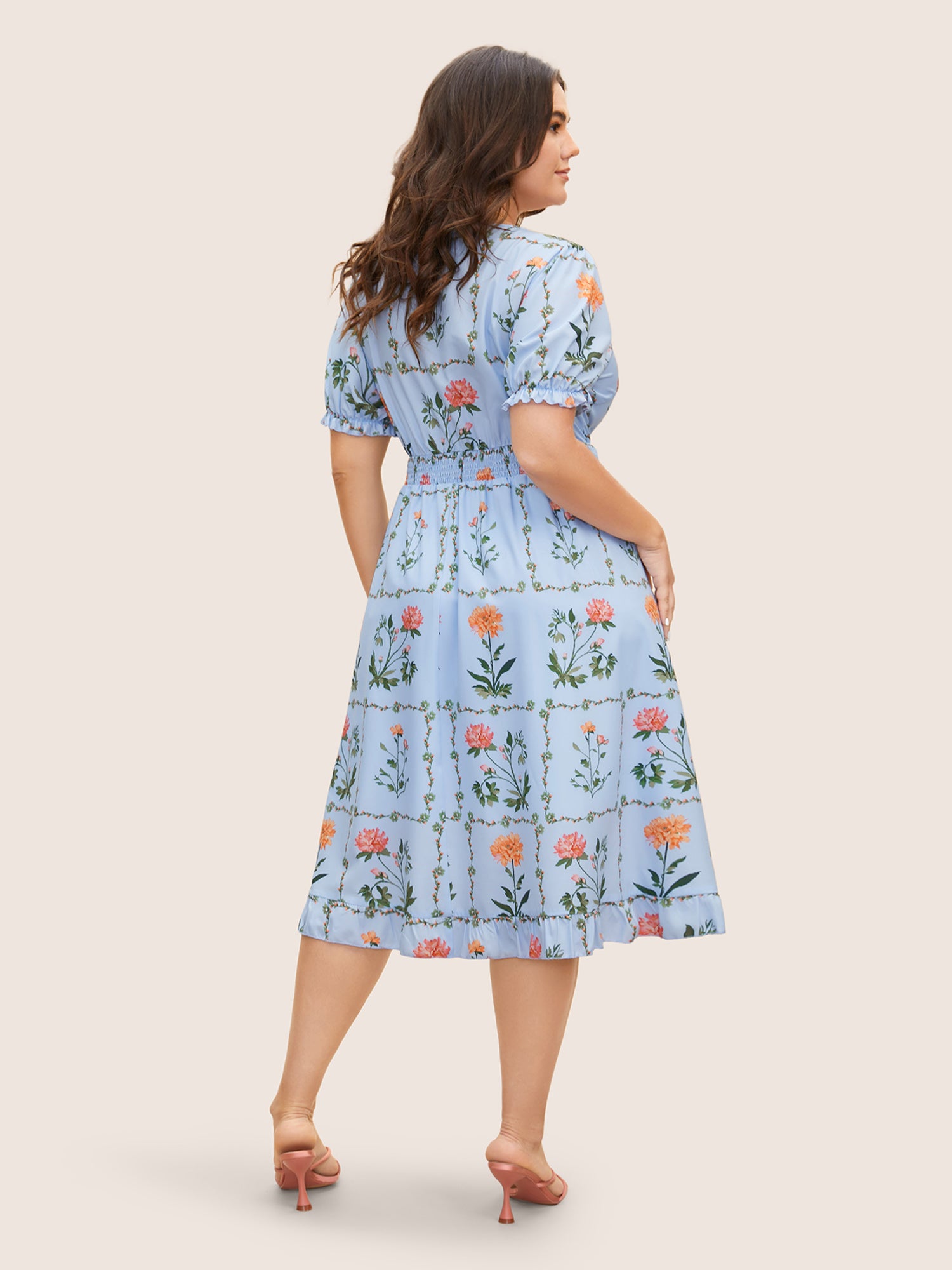Boho Print Tie Knot Shirred Lantern Sleeve Dress