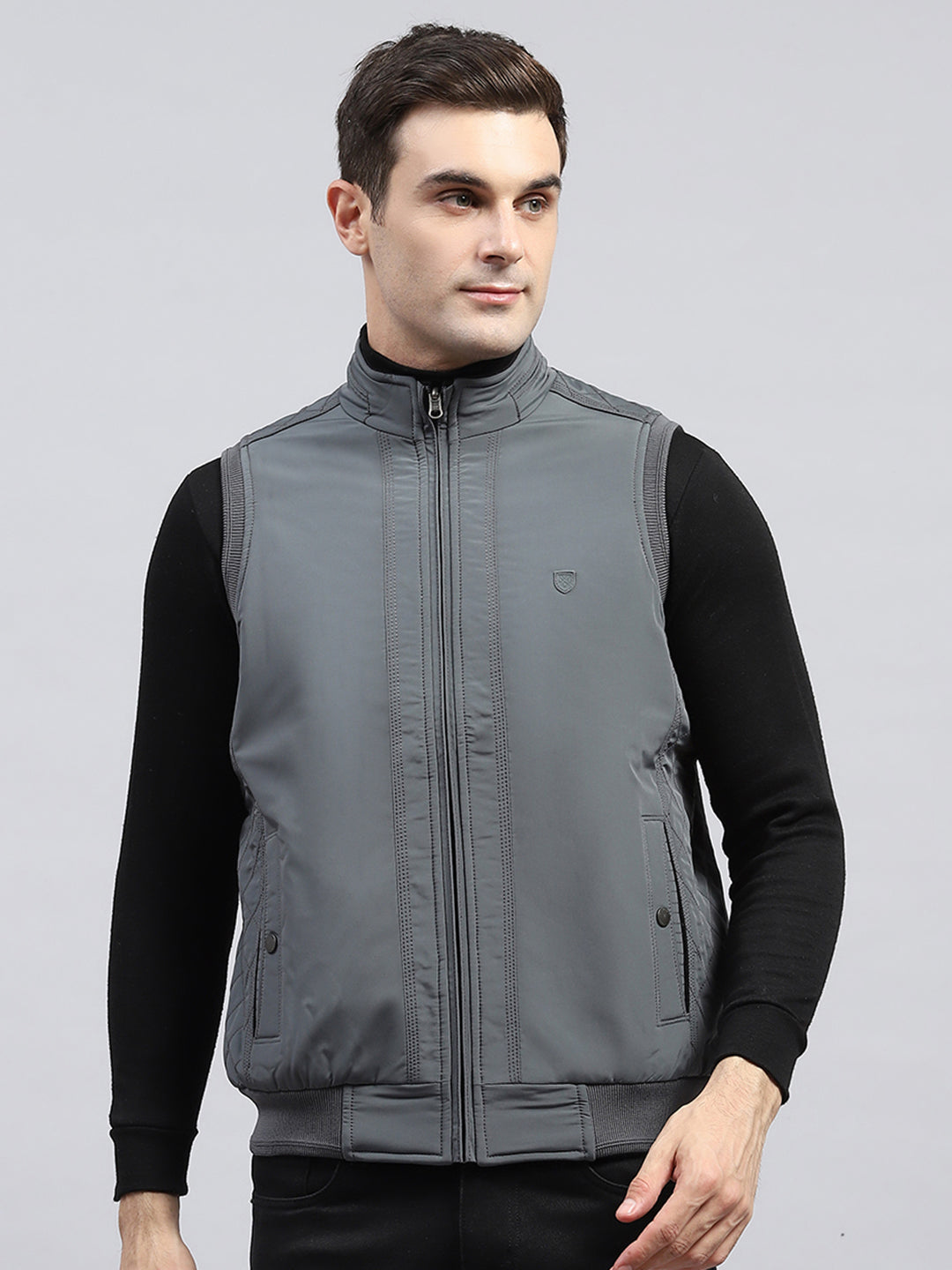 Men Grey Solid Mock Neck Sleeveless Reversible Jacket