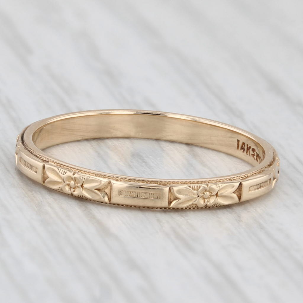 Art Deco Floral Pattern Band 14k Yellow Gold Size 6 Ring Stackable Wedding Wood