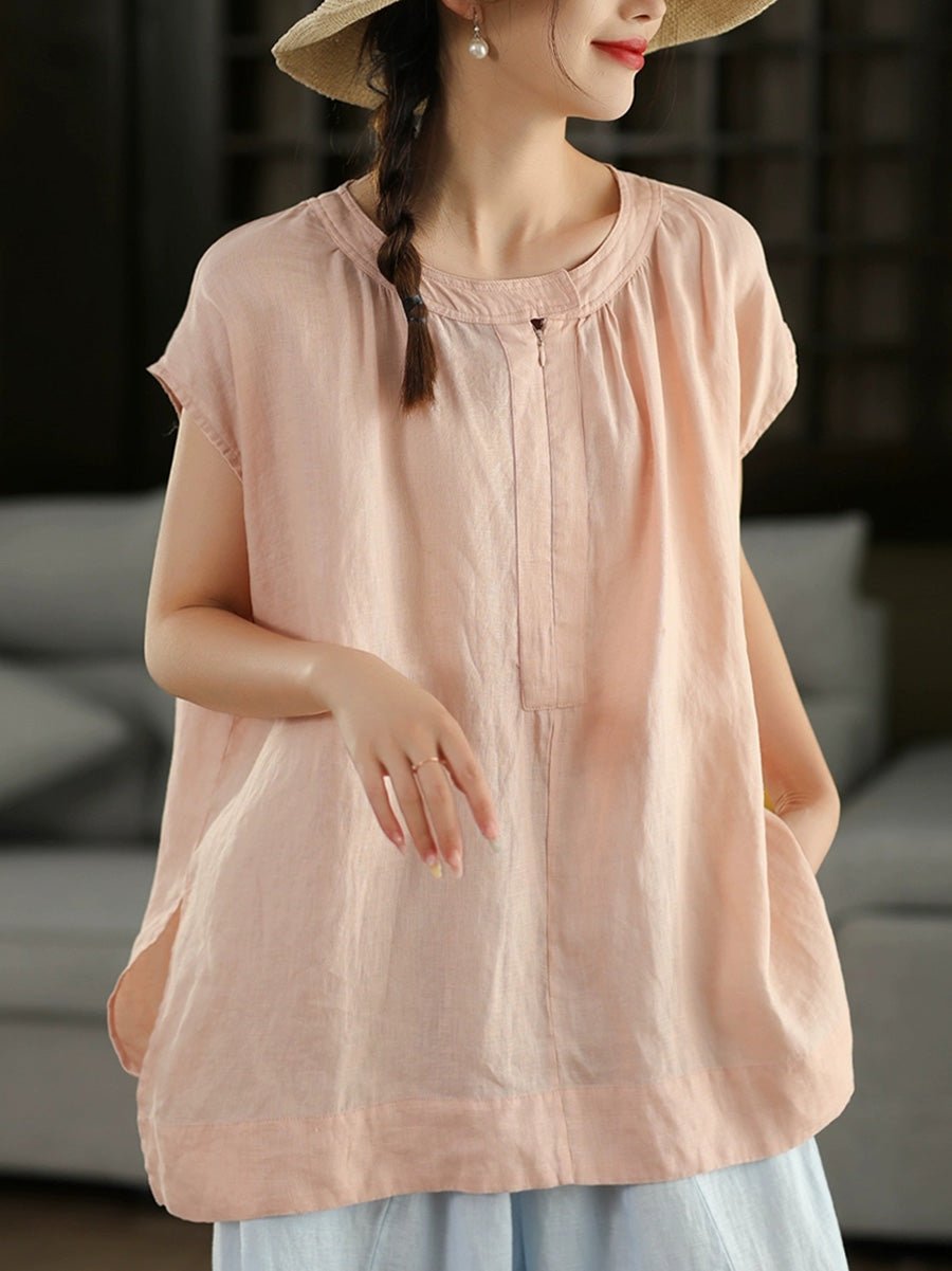 Women Summer Vintage Pure Color O-neck 100%Linen Shirt