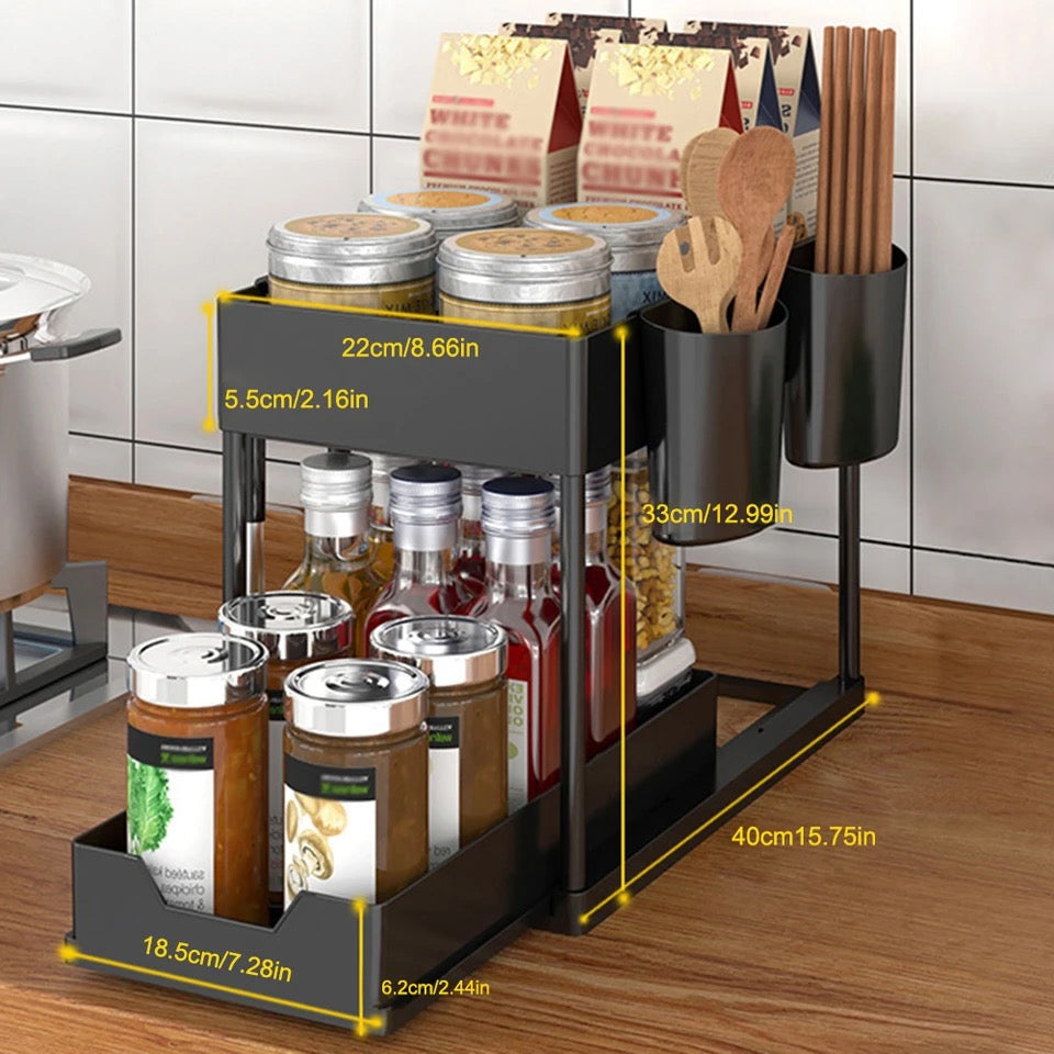 Double Layer Kitchen Storage Rack With Sliding Seasoning Shelf