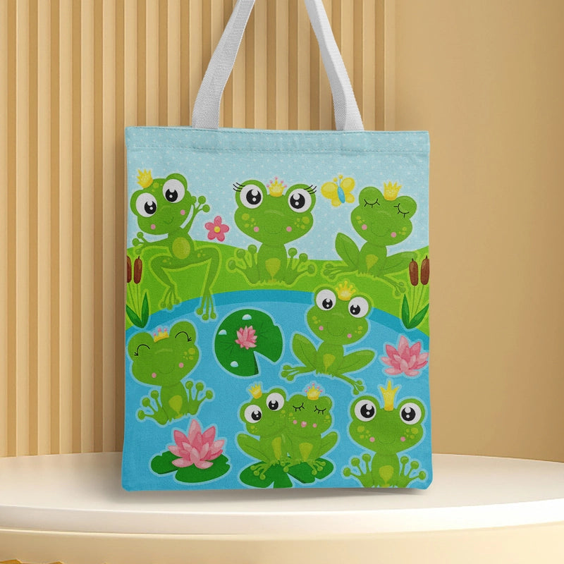 Women's Canvas Cartoon Frog Basic Classic Style Square Open Canvas Bag