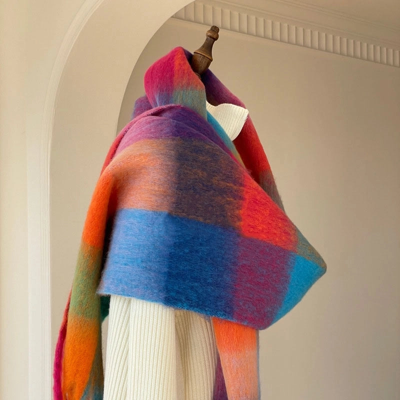 Famous High-grade Delicate Soft Gradient Color Plaid Color Matching Tassel Cashmere-like Shawl Net Red Scarf