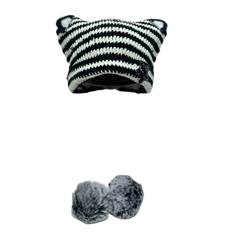 Japanese Style Cute Little Devil Cat Ear Fur Ball Wool Hat Women's Autumn And Winter Warm Small Face Ear Protection Knitted Hat