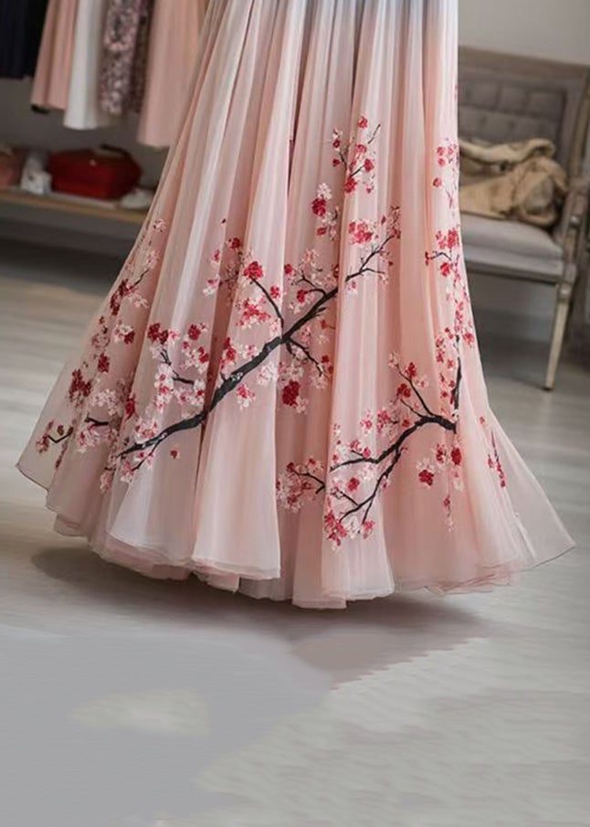 Elegant Pink Print Elastic Waist Chiffon Pleated Skirt Summer