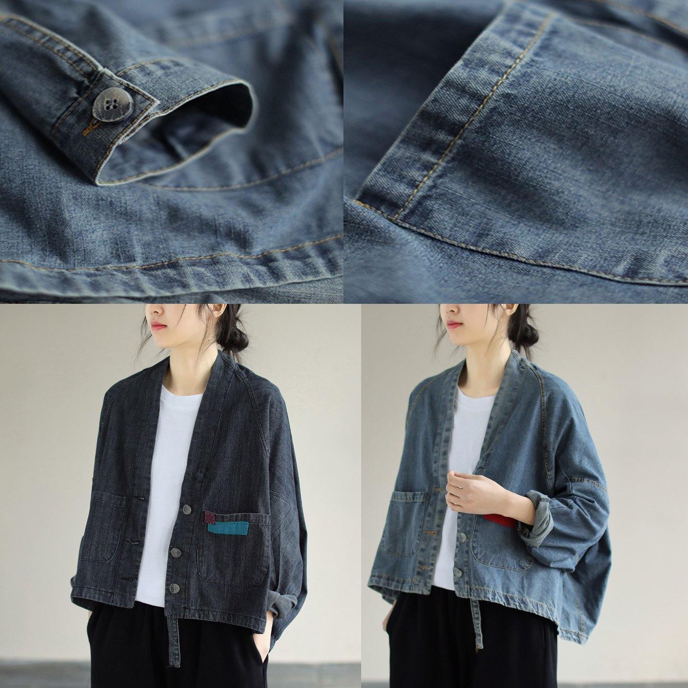 Women Denim Black Coats V Neck Button Down Spring Coats