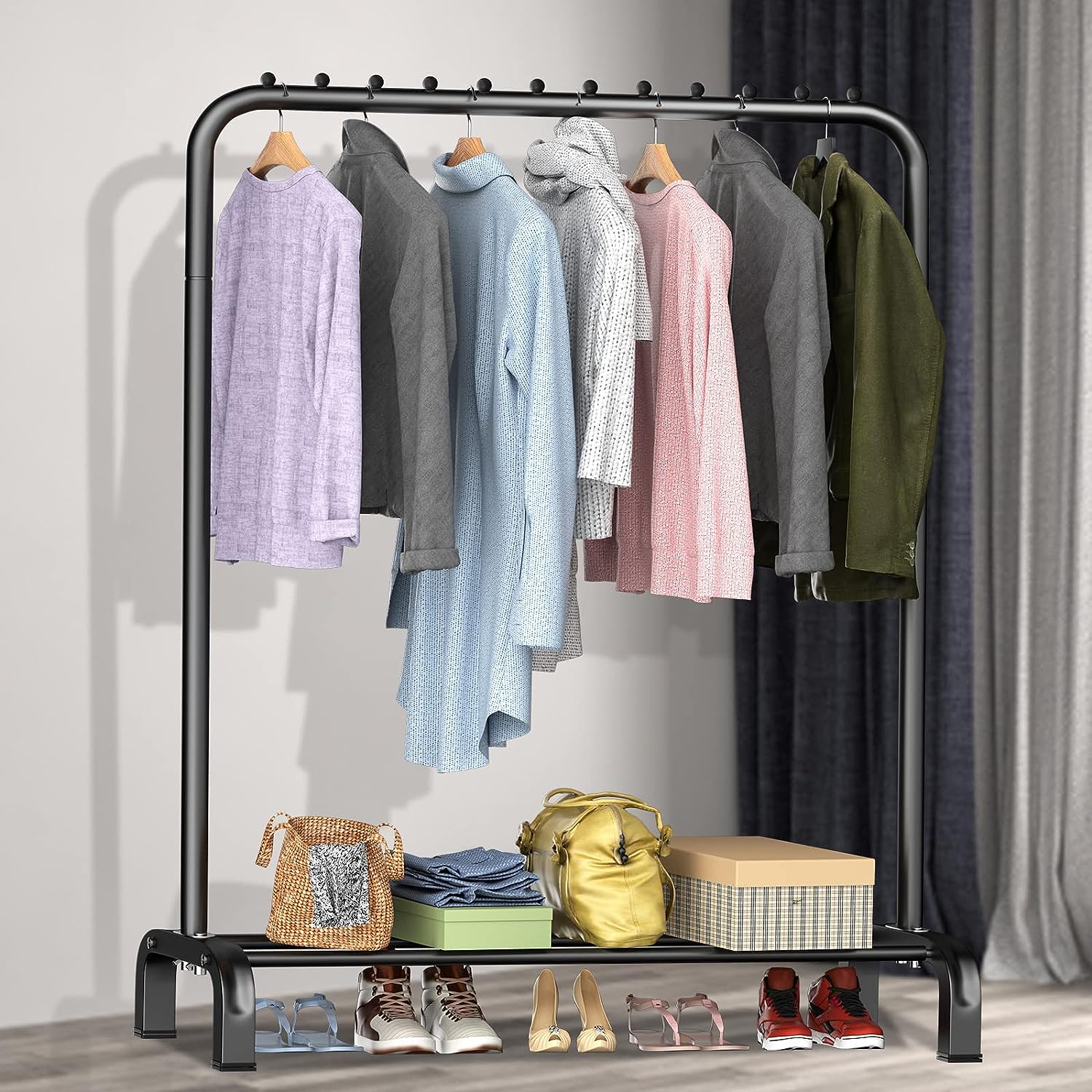 Large Space Clothes Rail. Stable. Minimalist Design Freestanding Clothes Rack For Bedroom. Black