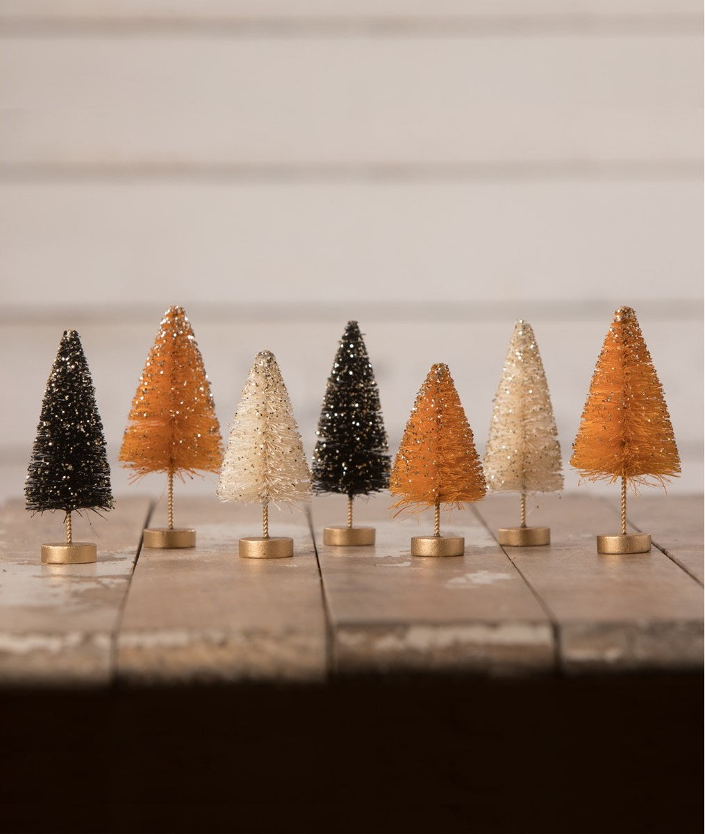 Mini Halloween Bottle Brush Trees with Gold Glitter