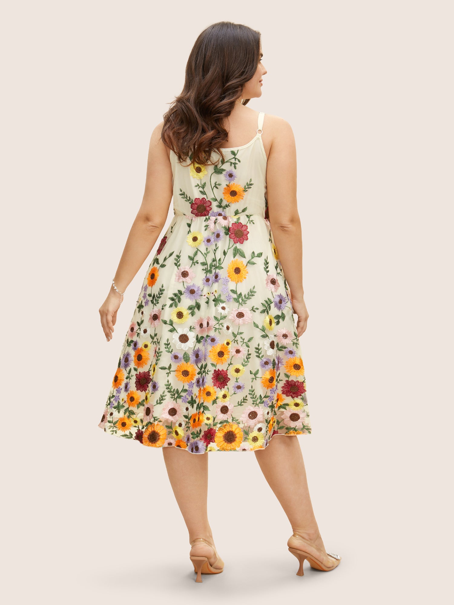 V Neck Floral Embroidered Mesh Cami Dress