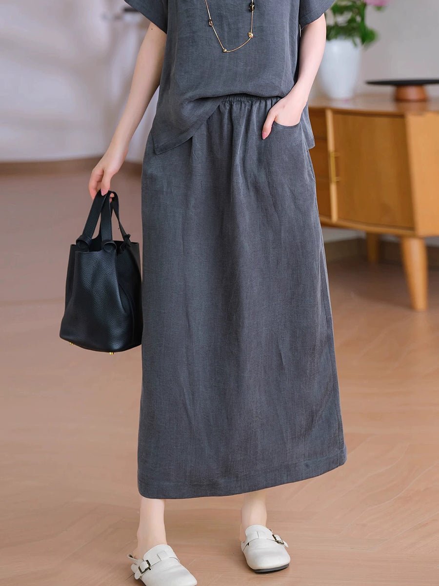 Women Summer Pure Color Linen Straight Skirt