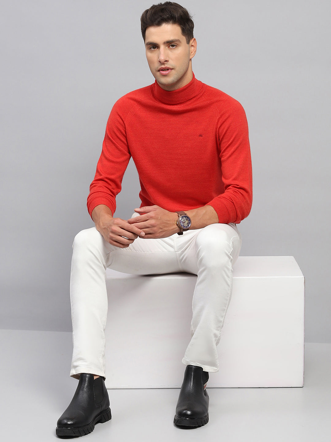 Men Red Solid Turtle Neck Full Sleeve Pullover