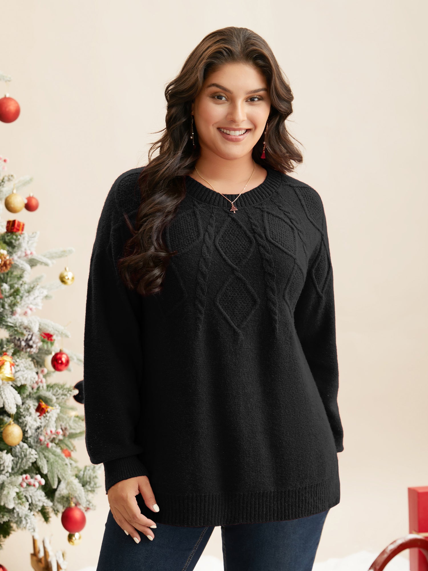 Cable Knit Bodice Crew-Neck Pullover