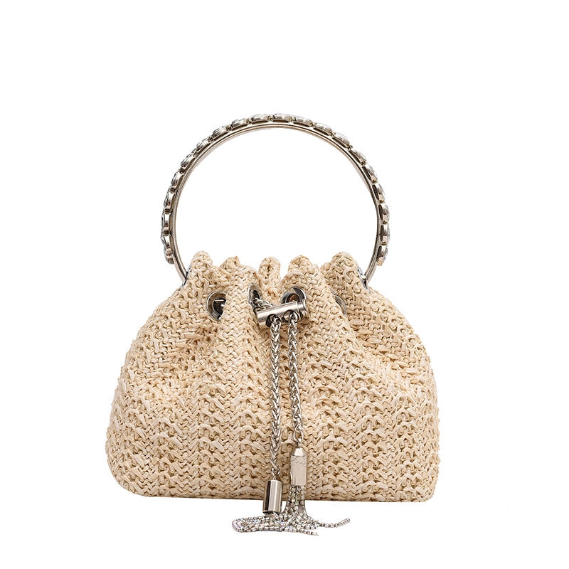 Women's All Seasons Straw Solid Color Vacation Bucket String Handbag Straw Bag