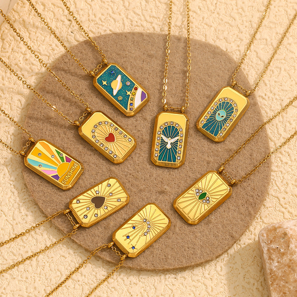 Ins Fashion Niche Geometric Square Retro Pendant Stainless Steel Plated 18K Gold Drop Oil Tarot Necklace Female