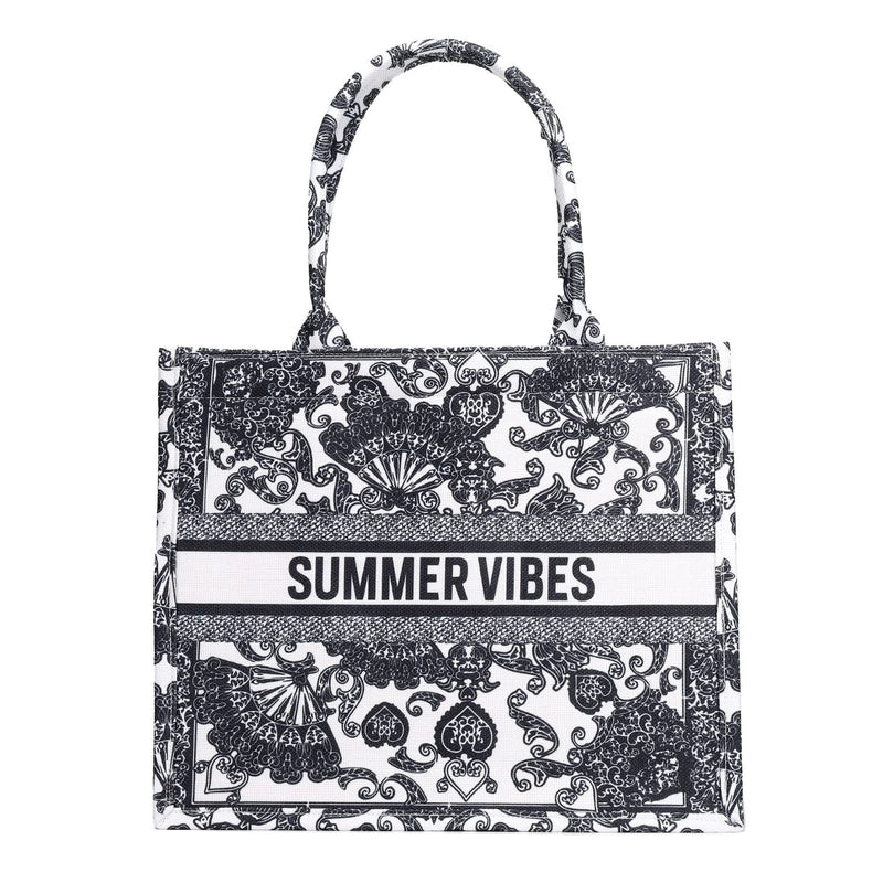 Women's Canvas Animal Letter Flower Elegant Embroidery Square Zipper Tote Bag