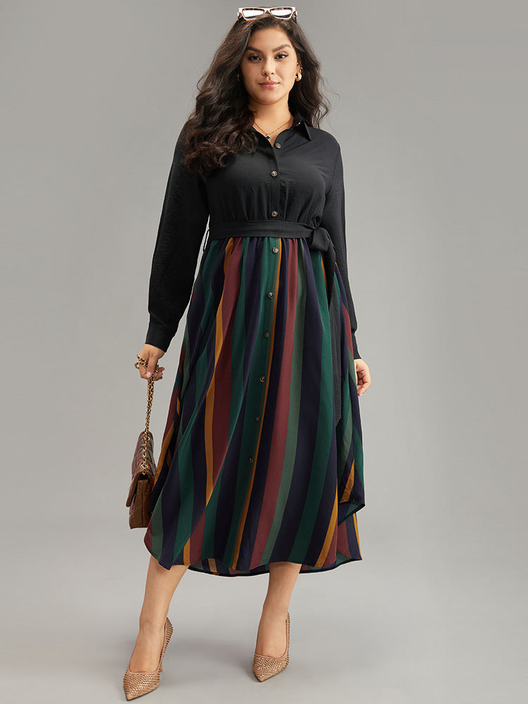 Colour Striped Patchwork Belted Button Through Dress