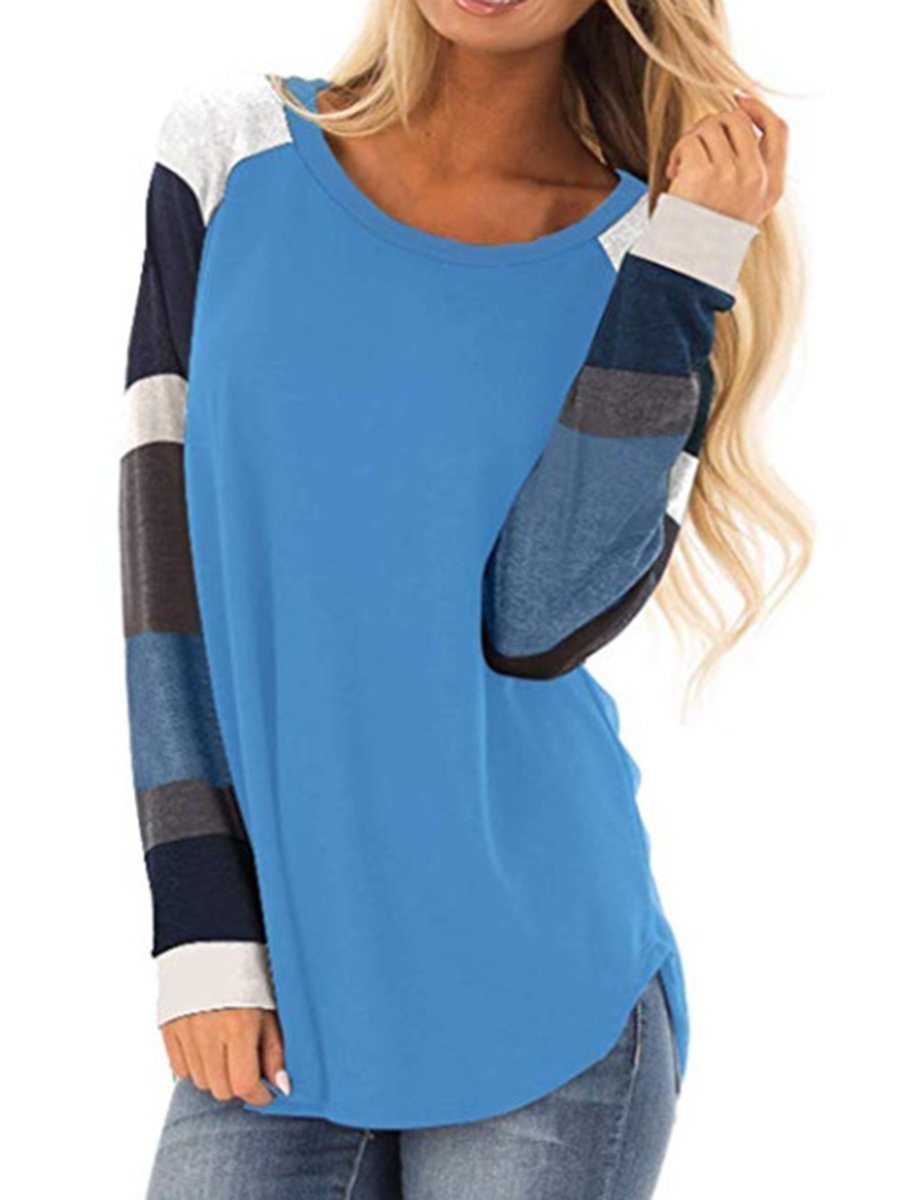 Round Neck Patchwork Stripes Long Sleeve T-Shirts