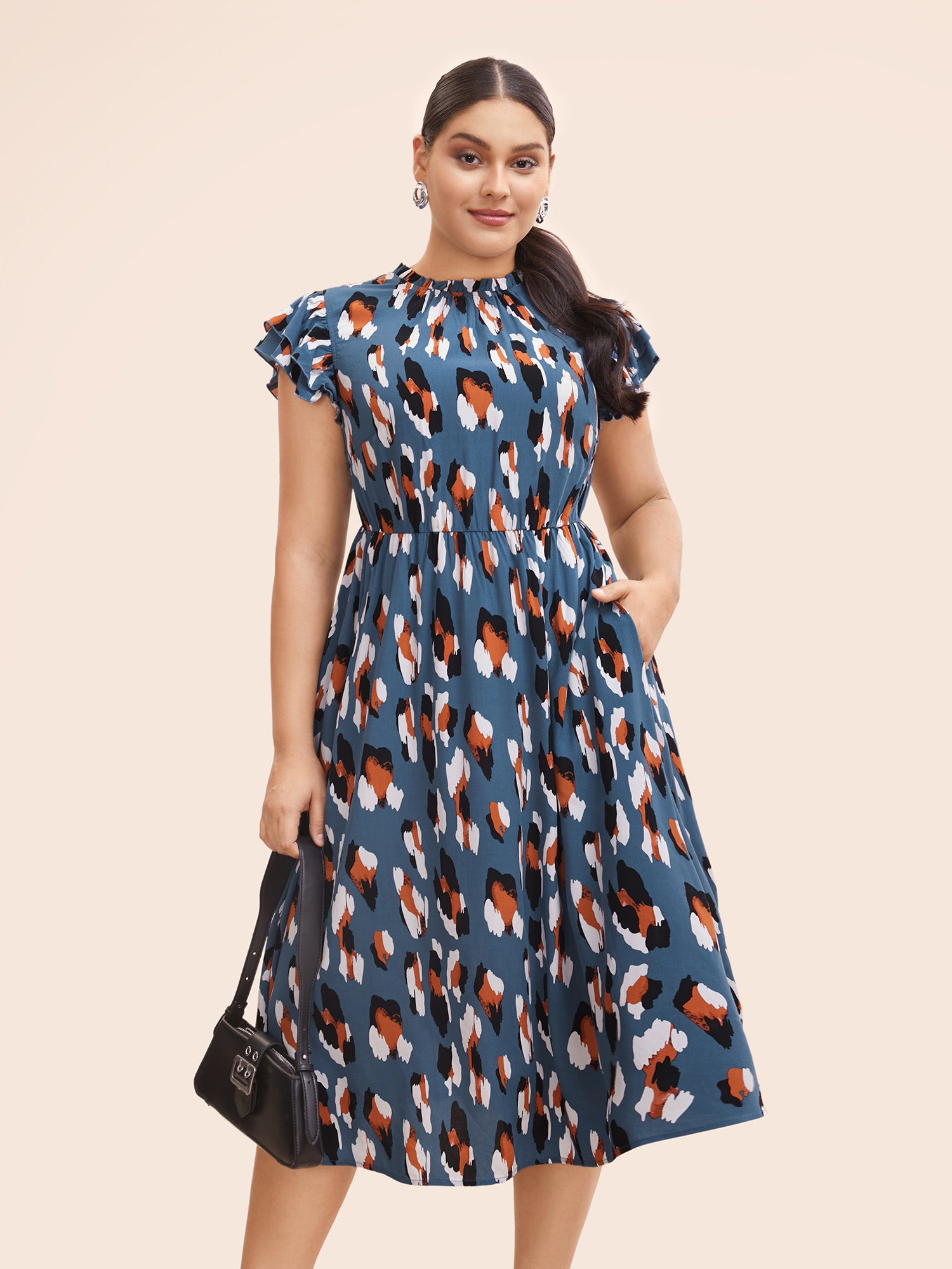 Allover Print Frill Trim Flutter Sleeve Dress