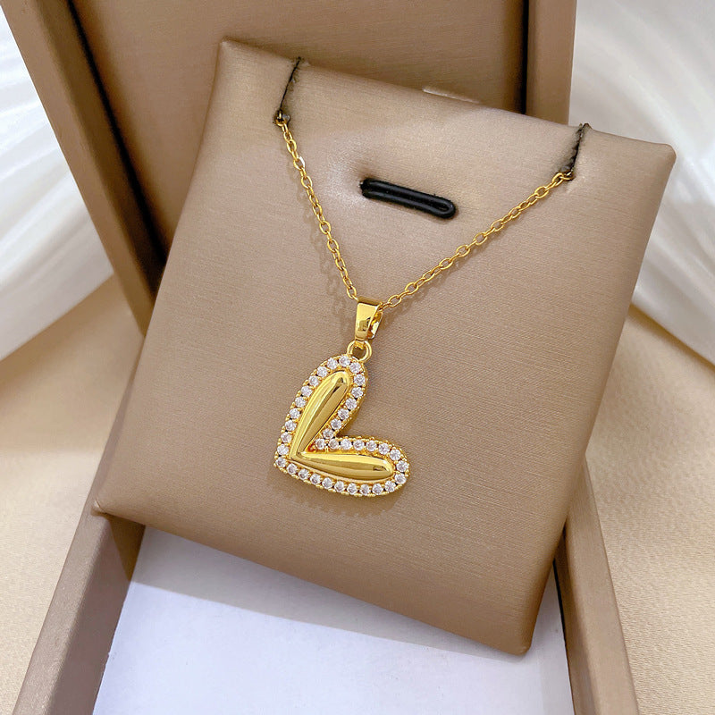 Love Heart Polished Peach Heart Gorgeous Full Diamond Necklace Women'S All-Match Clavicle Chain Titanium Steel Chain